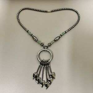 Vintage Hematite Heart Dangle Drop Pendant Beaded Necklace w Green stone